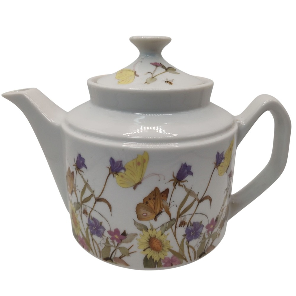 Nature Garden Society Teapot Fine China by Enesco Flowers Butterflies Four Cups